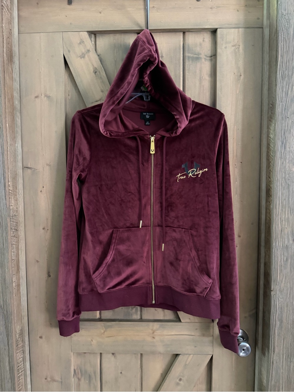 True Religion Women's Burgundy Velour Zip Hoodie size S